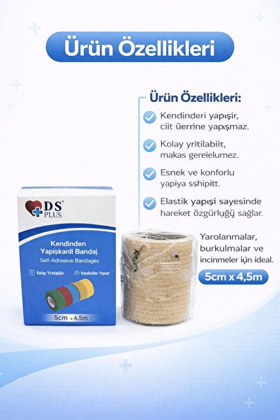 DS PLUS Kendinden Yapışkanlı Bandaj 5 cm x 4.5 m - Esnek Koheziv Sargı Bezi