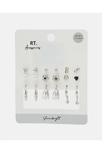 REDTAG Women Silver Embellished Studs (9 Pairs)