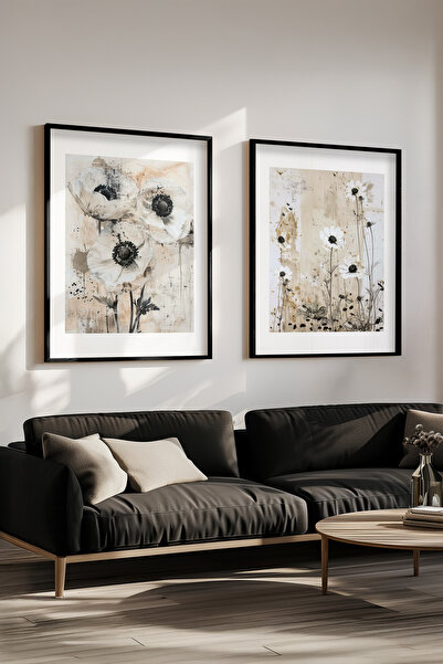 STARYUNA Μοντέρνα ζωγραφική με εφέ ελαιογραφίας, Σετ δύο πινάκων με μαύρο ξύλ...