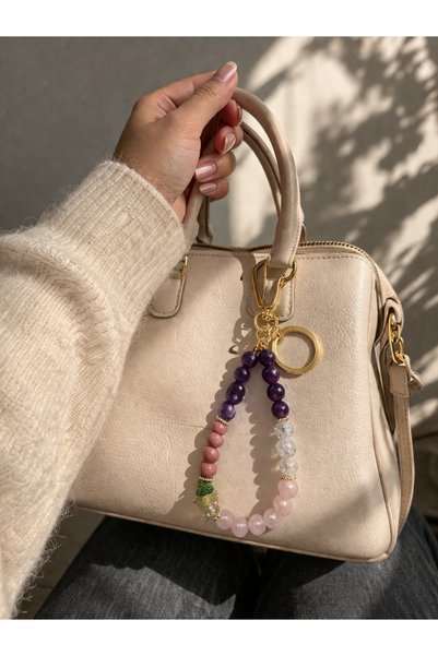 Sunshe Atelier Lovely Natural Stone Bag Ornament Keychain – Amethyst, Rhodonite, Nephrite, and Pink Quartz (Love-Love-Miracle)