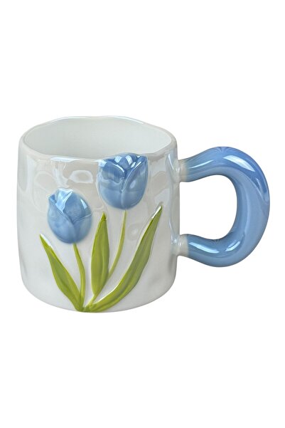 OEM Κούπα κεραμική λευκή "3D Τουλίπες" με μπλε τουλίπες και μπλε χερούλι, 480 ml