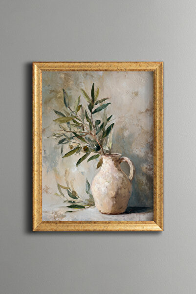 epiqart Rustik Vazo ve Zeytin Dalı – Vintage Desenli Çerçeve – İnce Model
