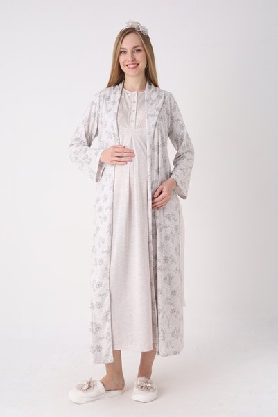 ERDENİZ TEKSTİL Lace Embroidered Melange Textured Cotton Maternity Nightgown and Dressing Gown Set That Makes Breastfeeding Easy