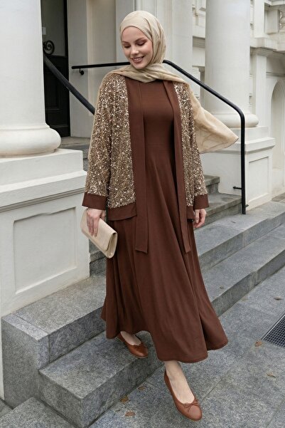 InStyle Καφέ Φόρεμα με Διάτρητο Σχέδιο, Παγιέτες και Ζακέτα