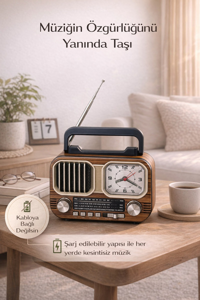FaroxTech Nostaljik Tasarım Bluetooth Hoparlör ve 3 Bant Radyo - Şarjlı Taşınabilir Müzik Kutusu