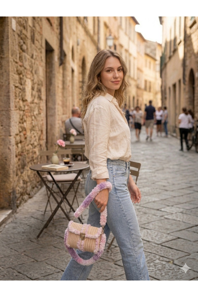 Rabona Fashion Bohemian Plush Strap Straw Look Mini Women's Shoulder Bag