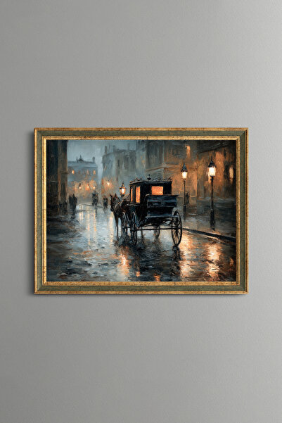 epiqart Rainy Night and Carriage - Vintage Patterned Frame - Slim Model