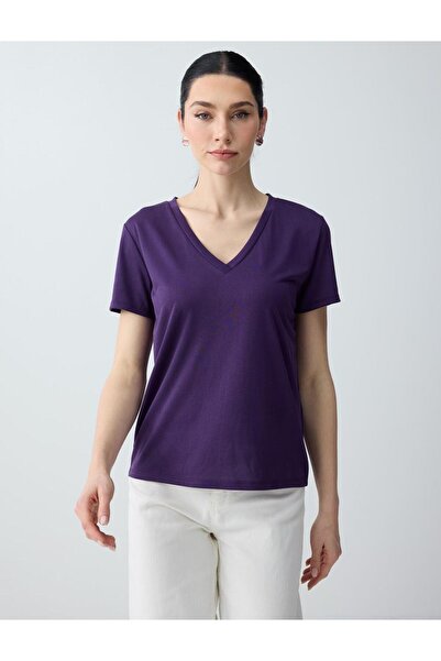 Jimmy Key Μωβ κοντομάνικο πλεκτό μπλουζάκι με λαιμόκοψη V