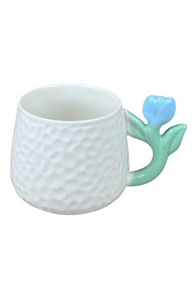 OEM Κούπα κεραμική λευκή με μπλε χερούλι σε σχήμα τουλίπας, 380 ml