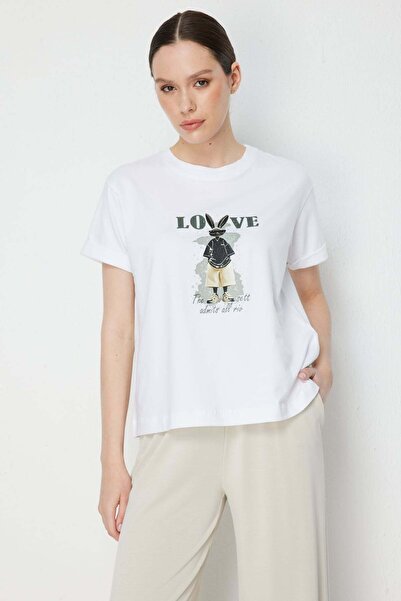 ON Tricou din bumbac cu imprimeu iepure și guler rotund