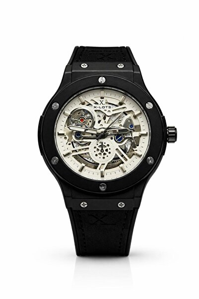 XLOTS IronX Skeleton Men’s Watch Black Case White Dial PU Leather Strap Stain...