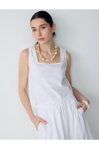 Jimmy Key White 100% Cotton Strappy Square Neck Embroidered Woven Blouse