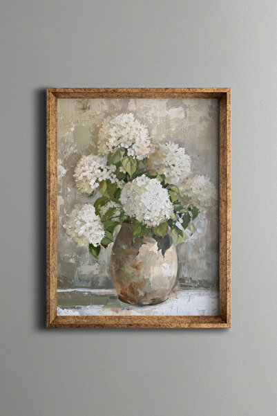 epiqart Beyaz Ortanca Çiçekler – Vintage Desenli Çerçeve – İnce Model