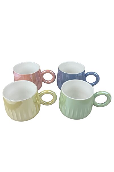 OEM Σετ 4 κεραμικών κούπες  "Ring Pastel " με στρογγυλή λαβή και γυαλιστερό σ...