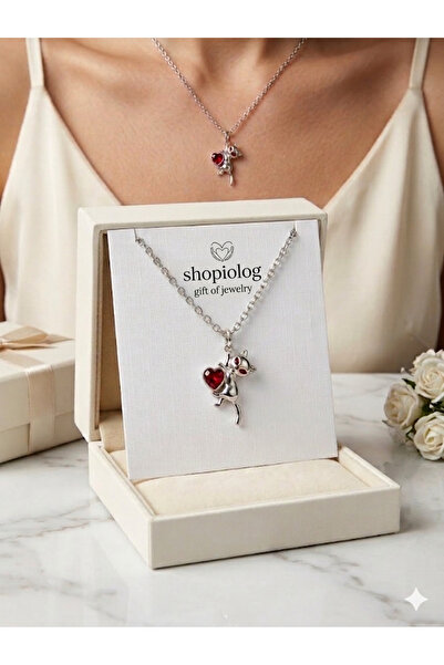 Shopiolog Red Heart Cat Necklace Women's Gift