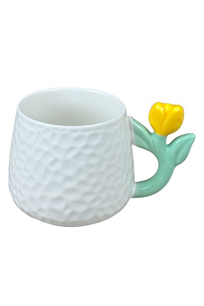 OEM Λευκή κεραμική κούπα με κίτρινη λαβή σε σχήμα τουλίπας, 380 ml