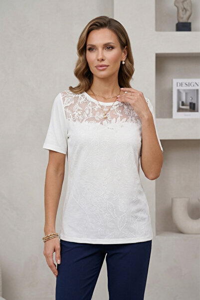 YXL COLLECTION Women's Plus Size Lycra Crew Neck Front Brode Patterned Short ...