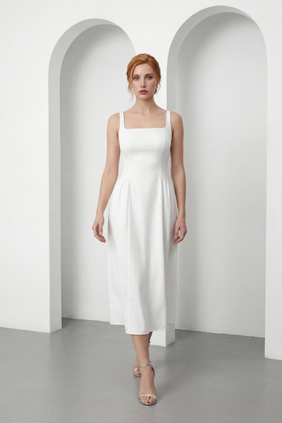 Lafaba Women's White Strappy Square Neck Midi Event Dress
