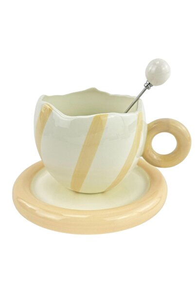 OEM Κεραμική κούπα με πιατάκι και κουτάλι  "Purr Purr " λευκή με κρεμ χρώμα