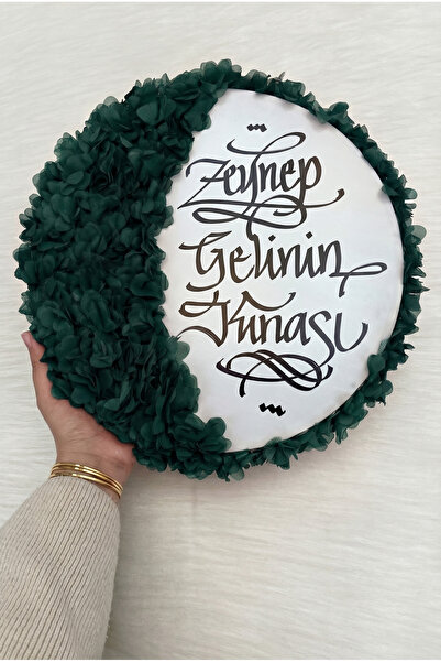 ZEYMERADE Yeşil Gelin Tefi 32cm, Kaligrafi Ve 3d Çiçek Süslemeli, Düğün Sünne...