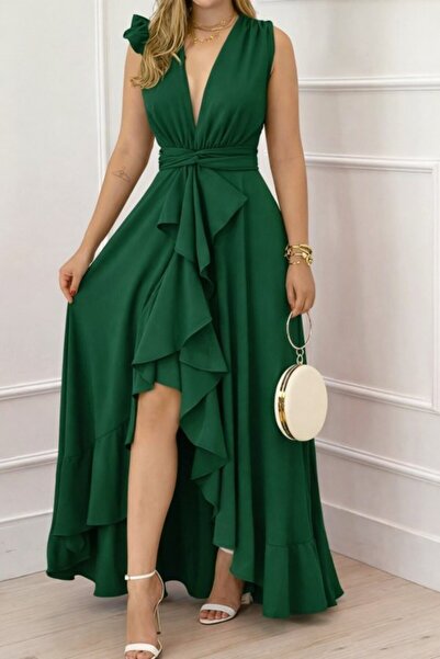 DRESSIFY WOMEN’S FASHION Γυναικείο μακρύ φόρεμα από κρεπ με διπλό γιακά, τιρά...