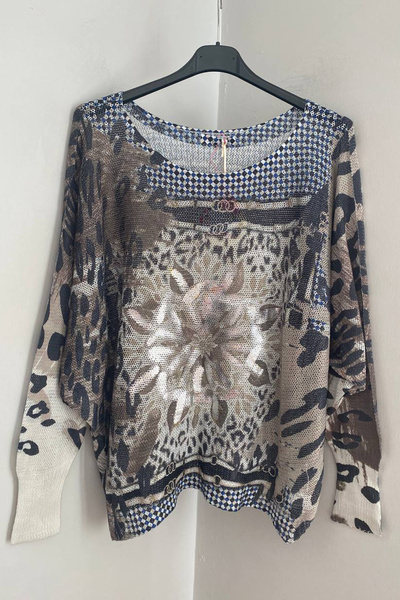 AYASOFYA OTANTIK Γυναικεία ιταλική μπλούζα πουλόβερ με μοτίβο από φύλλα βιζόν...