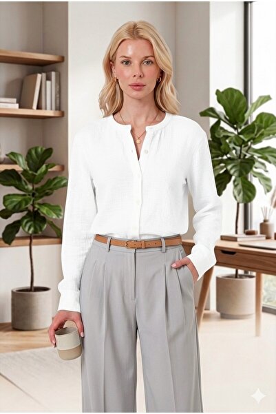RELAXL 2Xs-10Xl White Muslin Women's Shirt with Simit Collar and Long Sleeves