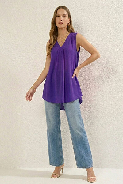 dorbe chic sleeveless multi-color v-neck pleated longline tunic top blouse