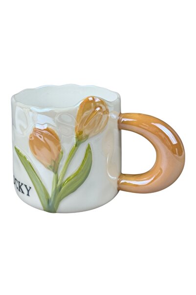 OEM  "Τυχερή Τουλίπα " λευκή κεραμική κούπα με πορτοκαλί τουλίπες και πορτοκα...