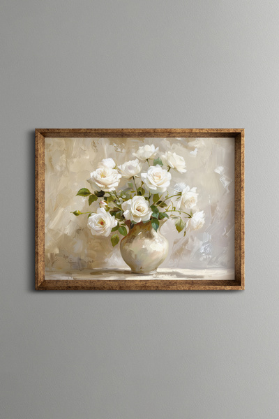 epiqart White Roses in a Vase - Vintage Patterned Frame - Slim Model