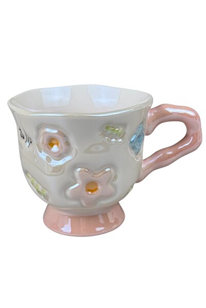 OEM Λευκή κεραμική κούπα με τρισδιάστατα λουλούδια, ροζ λουλούδια και λαβή σε...