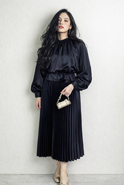 hacker Women's Daily Trend Premium Pleated Black Long Skirt