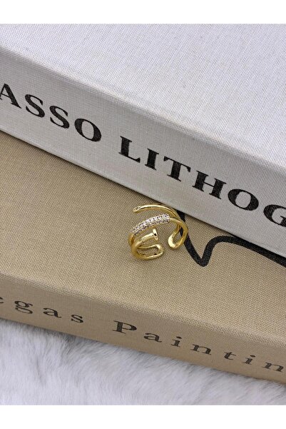 Hedef Bijuteri Gold Color Zircon Stone Nail Detailed Adjustable Brass Ring T2