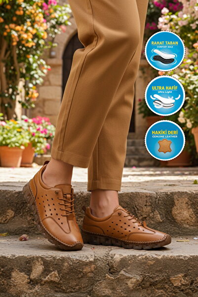AYAKMOD Tan Genuine Leather Flexible Lightweight Women's Casual Shoes 0007 Z