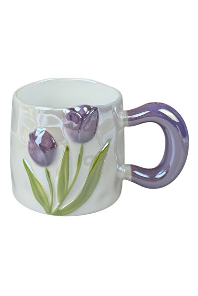 OEM Κεραμική κούπα  "3D Tulips " λευκή, με μωβ τουλίπες και μωβ χερούλι, 480 ml