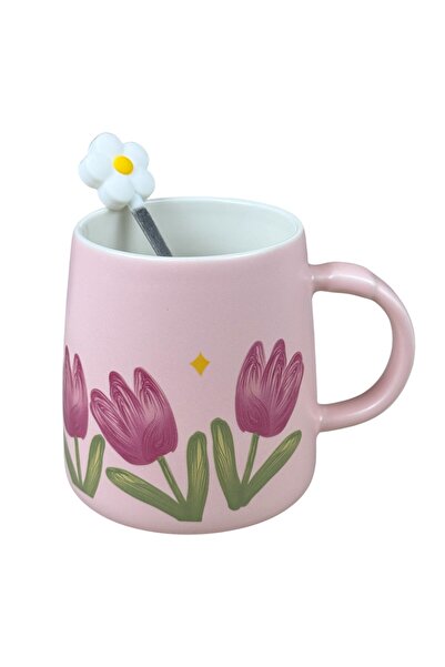 OEM Ροζ κεραμική κούπα  "Ανθισμένη Τουλίπα " με μωβ τουλίπες και διακοσμητικό...