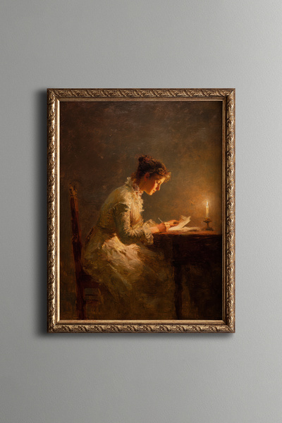 epiqart Woman Reading by Candlelight – Vintage Patterned Frame – Slim Model