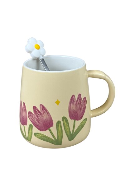 OEM Κίτρινη κεραμική κούπα  "Ανθισμένη Τουλίπα " με μωβ τουλίπες και διακοσμη...