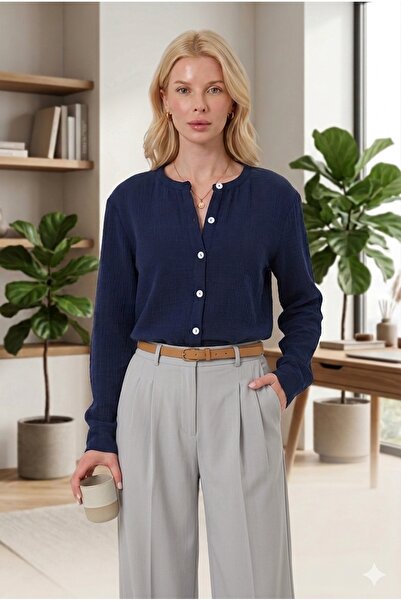 RELAXL 2Xs-10Xl Crew Neck 100% Cotton Women's Navy Blue Muslin Shirt