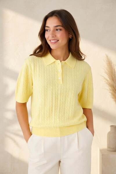 Ferraro Γυναικεία κίτρινη πλεκτή μπλούζα με λαιμόκοψη πόλο, από βαμβάκι και β...