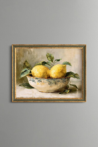 epiqart Sarı Limonlar ve Seramik Kase - Vintage Desenli Çerçeve - İnce Model