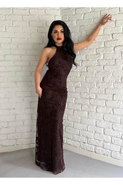 moneta boutique Γυναικείο μακρύ φόρεμα με λαιμόκοψη halter και λαμπερή γκλίτερ