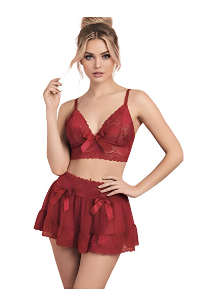Pijamask ΓΥΝΑΙΚΕΙΟ ΣΕΤ ΜΕ ΚΟΚΚΙΝΗ ΔΑΝΤΕΛΑ ΚΑΙ ΛΕΠΤΟΜΕΡΗ ΦΟΥΣΤΑ ΜΕ ΚΟΡΔΕΛΑ
