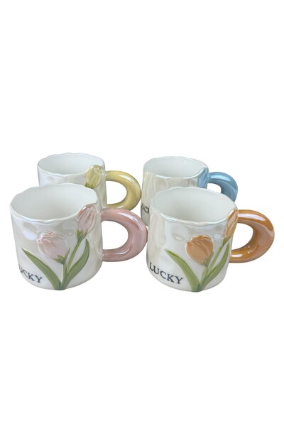 OEM Σετ 4 κεραμικών κούπων  "τυχερή τουλίπα ", με ανάγλυφα φλοράλ σχέδια και ...