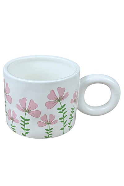 OEM  "Bloom Art " λευκή κεραμική κούπα με ροζ λουλούδια και στρογγυλή λαβή, 4...