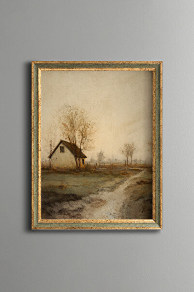 epiqart Kırsal Ev ve Yol Manzarası – Vintage Desenli Çerçeve – İnce Model