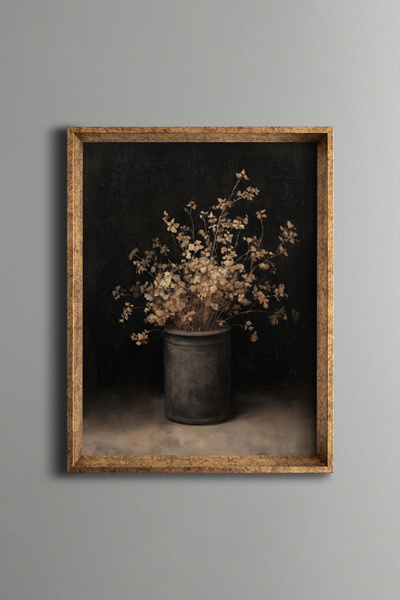 epiqart Dried Flowers and Black Vase - Vintage Patterned Frame - Slim Model