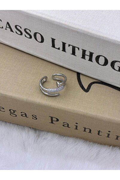 Hedef Bijuteri Silver Color Zircon Stone Nail Detailed Adjustable Brass Ring T2