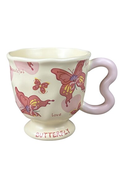 OEM Κεραμική κούπα σε χρώμα κρέμας  "Πεταλούδα " με ροζ πεταλούδες και ροζ κυ...