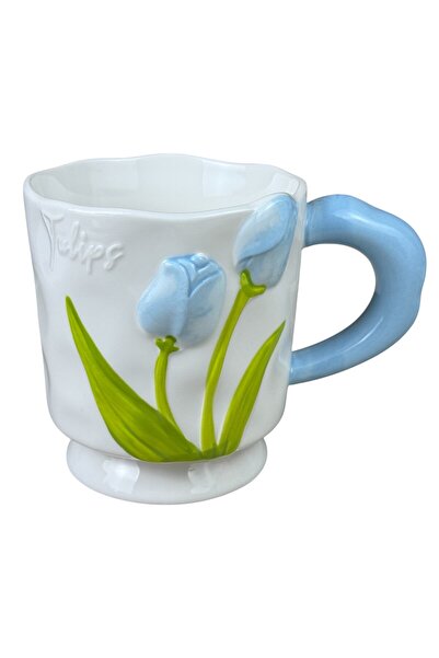 OEM Μπλε κεραμική κούπα με "τουλίπες", 400 ml